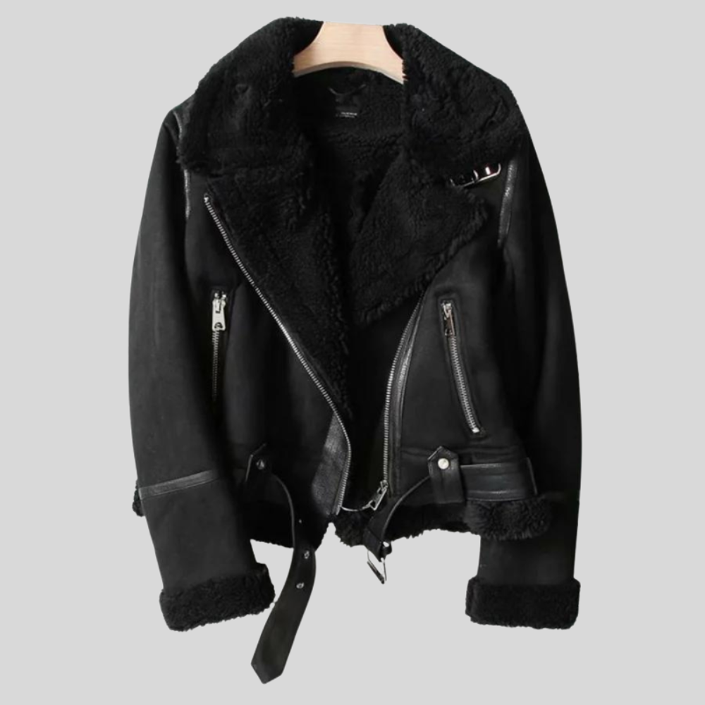 Damski Ciepły Płaszcz z Barankiem – Modna Kurtka Biker ze Sztucznym Futrem 3