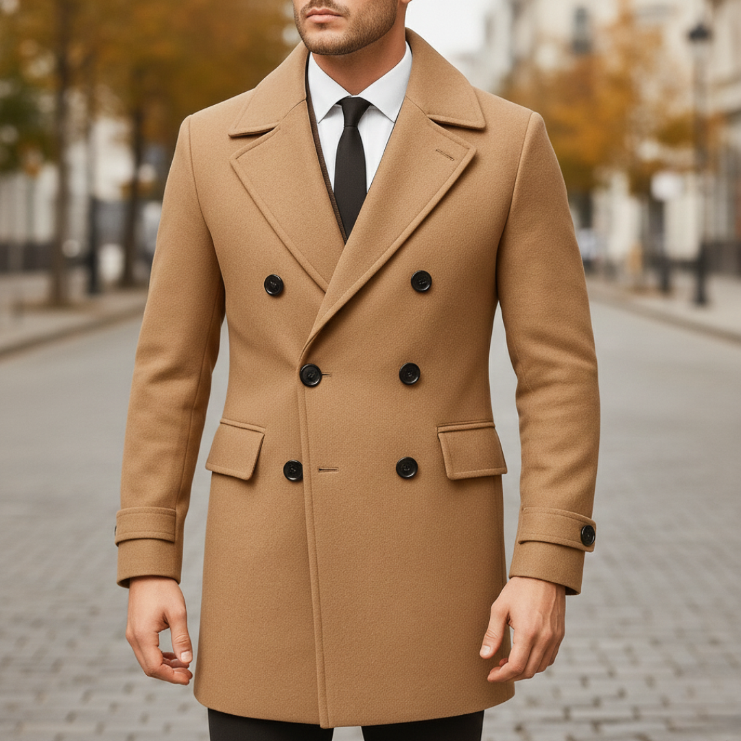 Płaszcz męski dwurzędowy zimowy, mieszanka wełny, elegancki krój do kolan