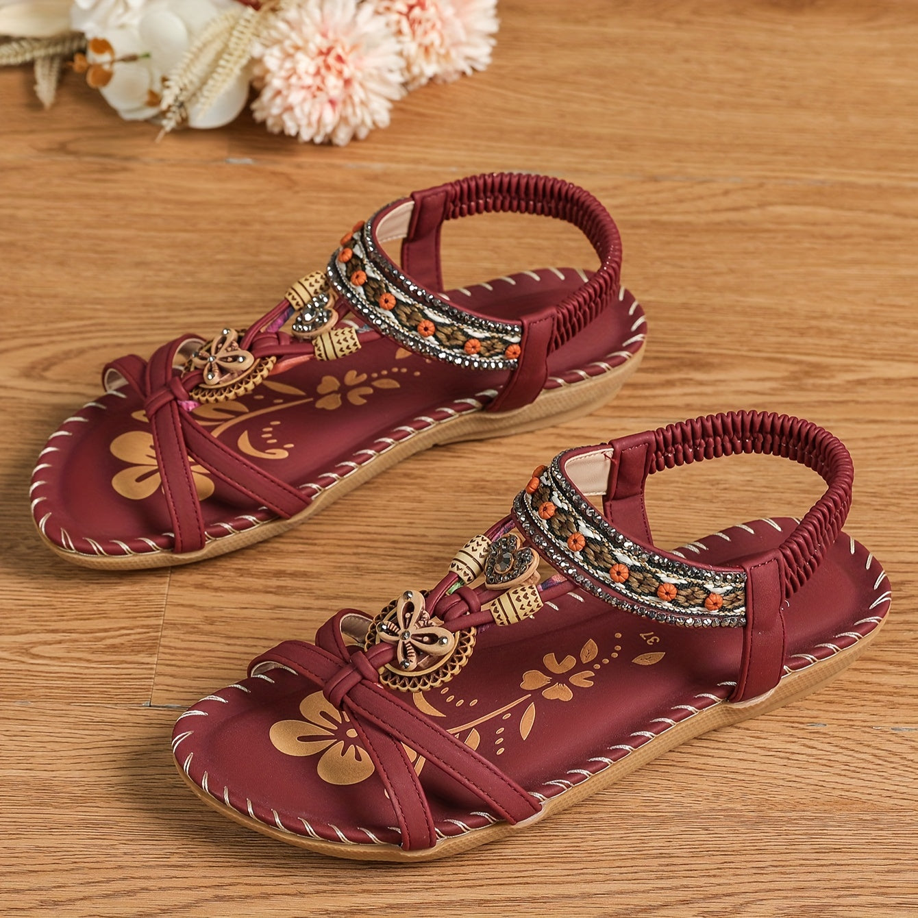 Płaskie sandały z kryształami | Letnie buty dla kobiet w stylu Boho