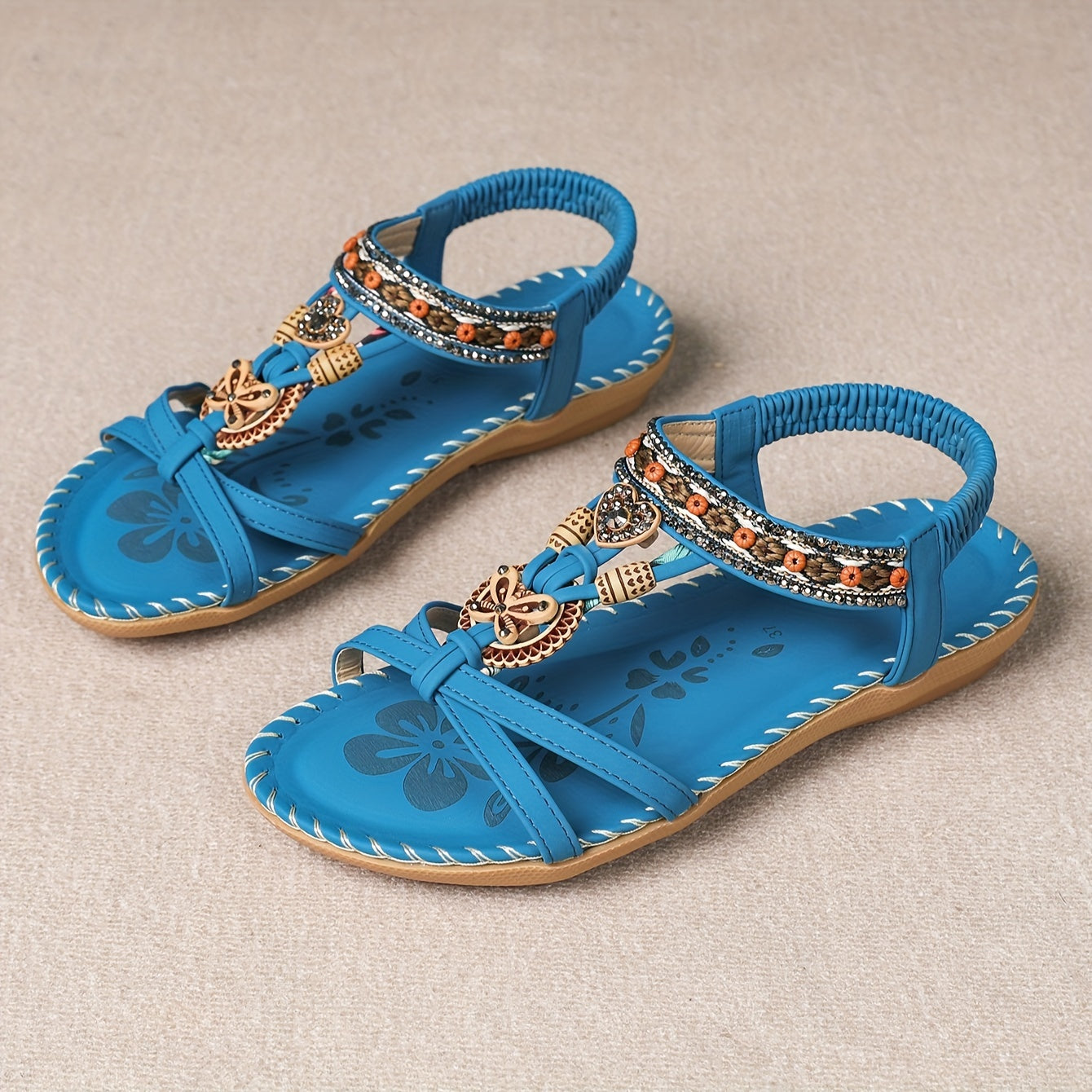 Płaskie sandały z kryształami | Letnie buty dla kobiet w stylu Boho