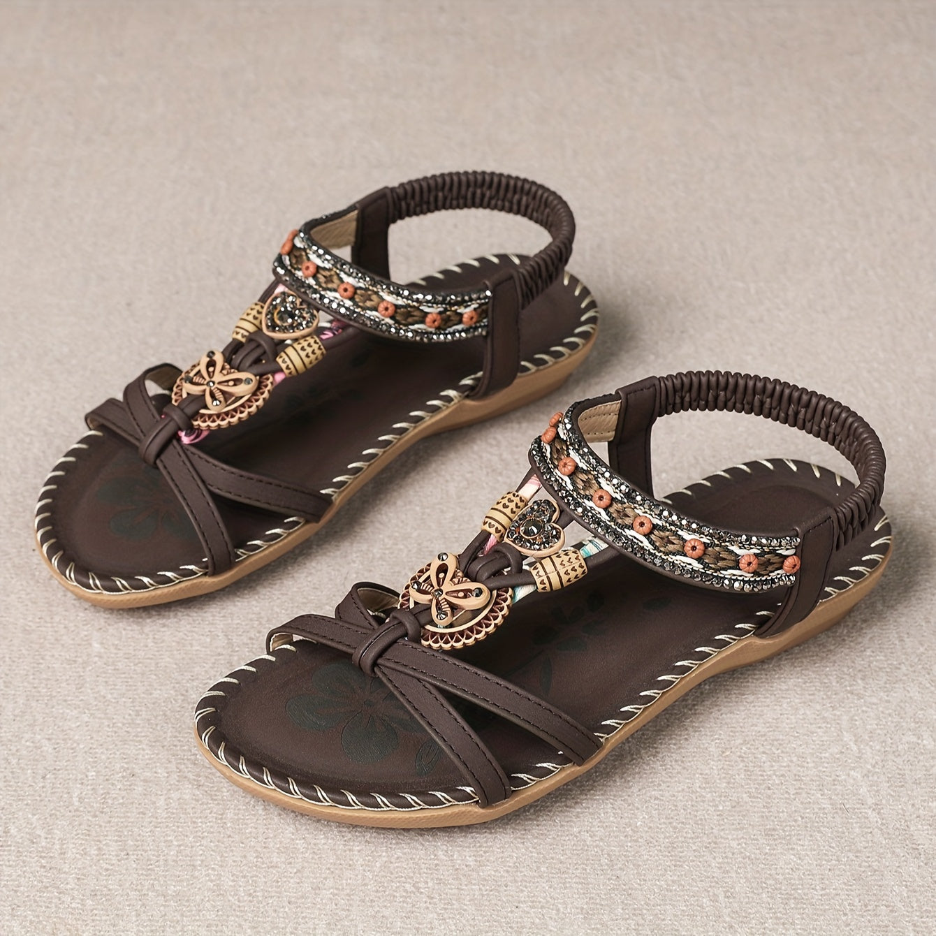 Płaskie sandały z kryształami | Letnie buty dla kobiet w stylu Boho