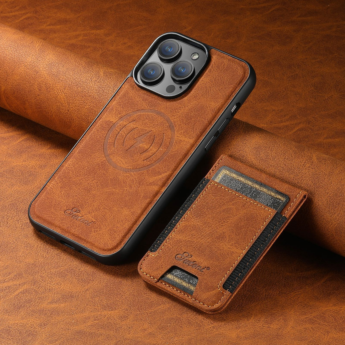 PremiumLeather – Etui na telefon ze skóry ekologicznej z uchwytem na karty i kompatybilnością z MagSafe
