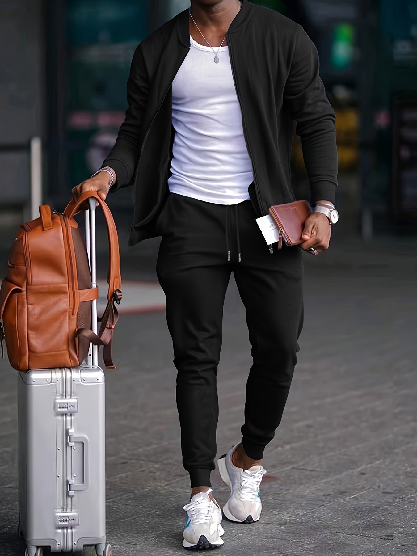 Slim fit treningowy dla mężczyzn z kurtką z zamkiem błyskawicznym i stożkowymi kołyszącymi się spodniami do joggingu - wygodne do sportu i wypoczynku