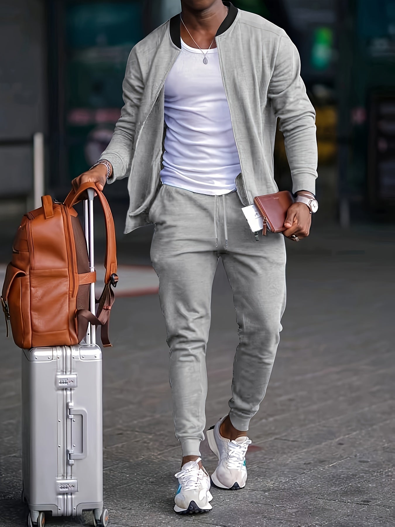 Slim fit treningowy dla mężczyzn z kurtką z zamkiem błyskawicznym i stożkowymi kołyszącymi się spodniami do joggingu - wygodne do sportu i wypoczynku