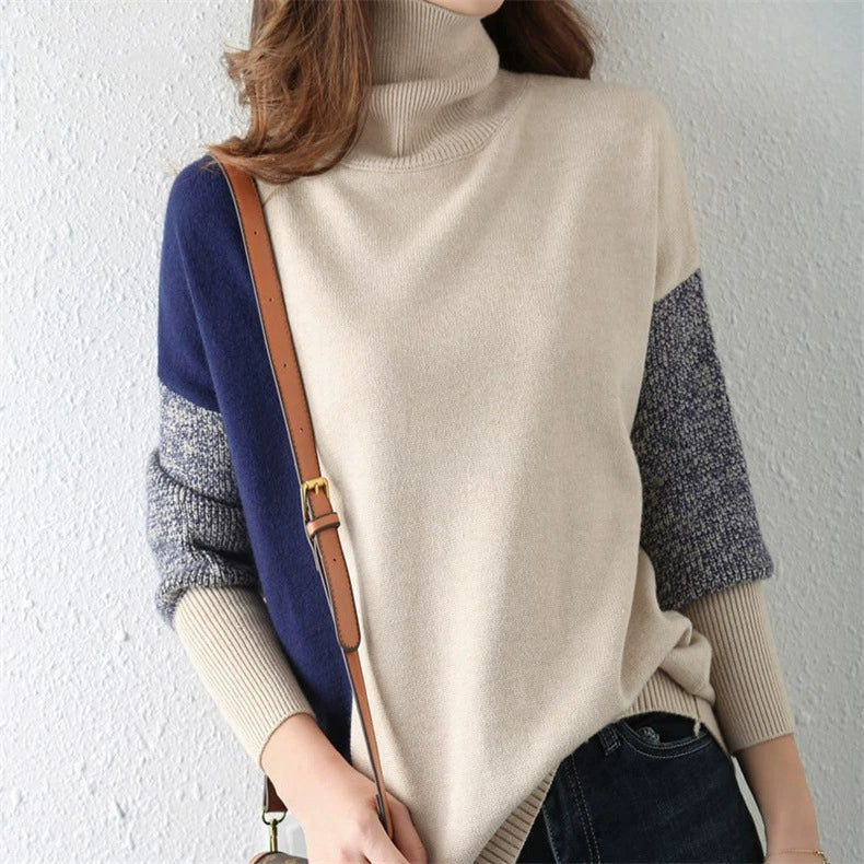 Sweter damski – wysoki kołnierz – luźny krój – dzianina z mieszanki wełny – ściągacze przy mankietach i u dołu