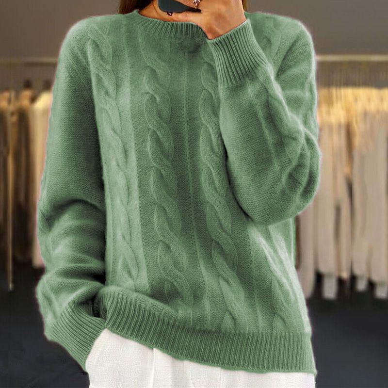Sweter damski z warkoczowym splotem – wzór warkoczowy – okrągły dekolt – miękki materiał