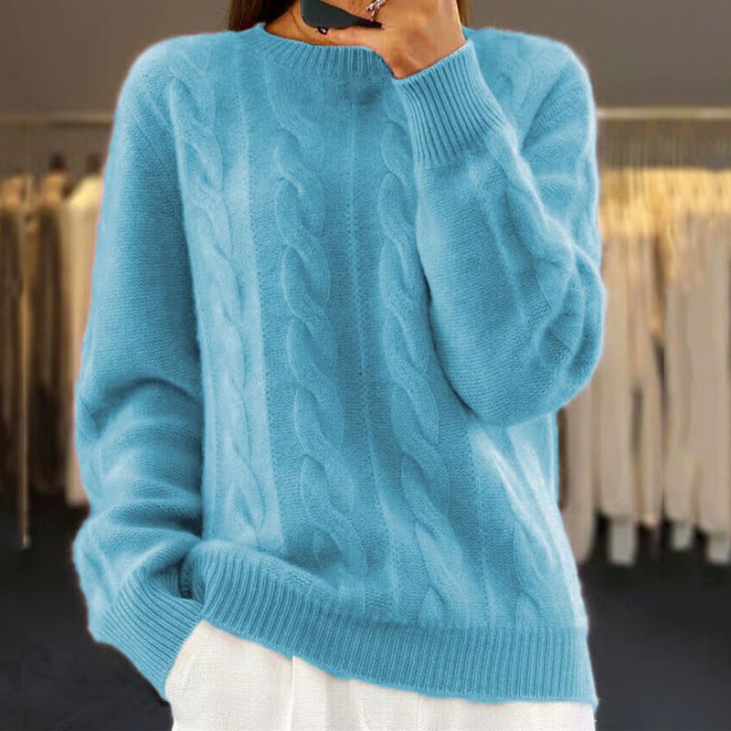 Sweter damski z warkoczowym splotem – wzór warkoczowy – okrągły dekolt – miękki materiał