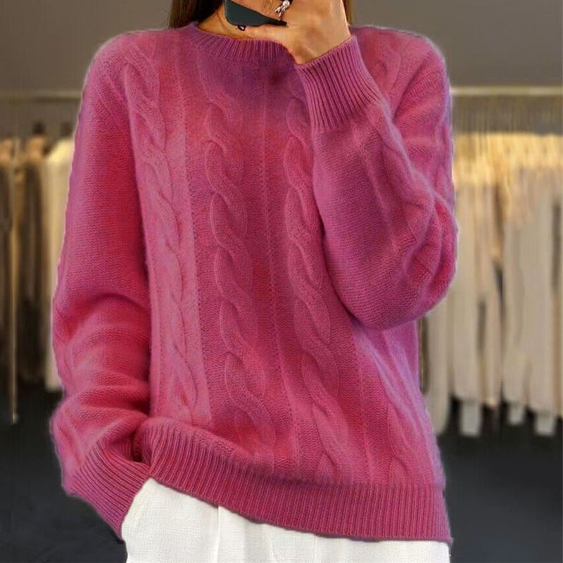 Sweter damski z warkoczowym splotem – wzór warkoczowy – okrągły dekolt – miękki materiał