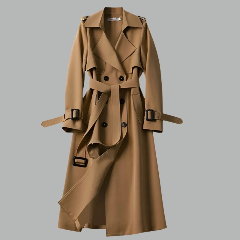 Wodoodporny trencz dla kobiet z paskami i guzikami - klasyczny design, idealny na wiatr i deszcz