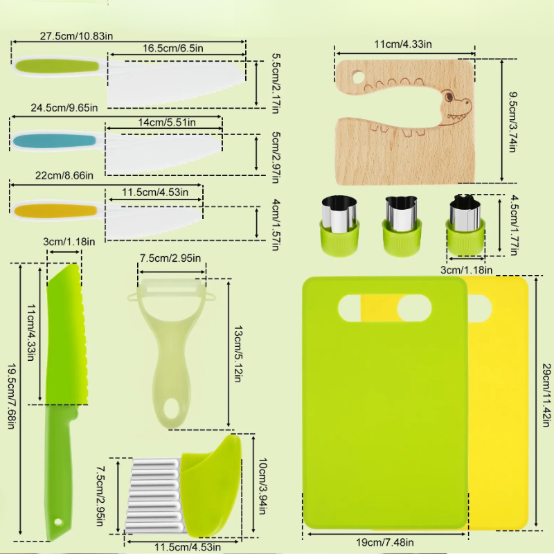 Zestaw noża dla dzieci wykonany z żywności - Bezpieczny plastik - 3 częściowo, bezpieczny design do kreatywnego gotowania od 3 lat, niebieski, zielony, żółty