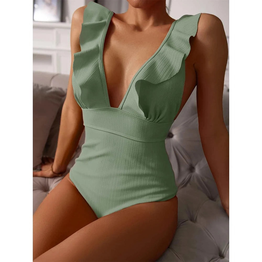 Strój kąpielowy jednoczęściowy | Moda plażowa lato dekolt V falbany | Paulina