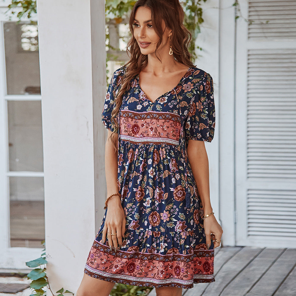 Sukienka Letnia Boho Mini z Krótkim Rękawem | Liliana