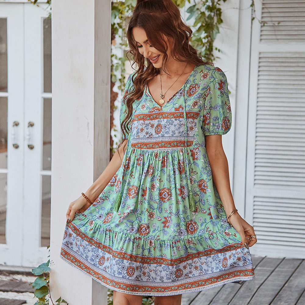 Sukienka Letnia Boho Mini z Krótkim Rękawem | Liliana