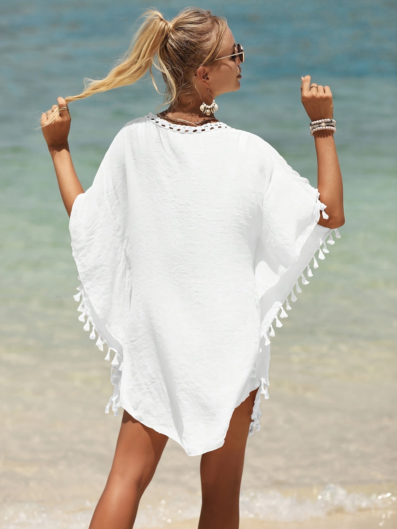 Sukienka plażowa z ażurem i frędzlami tunika letnia oversize | Lauren