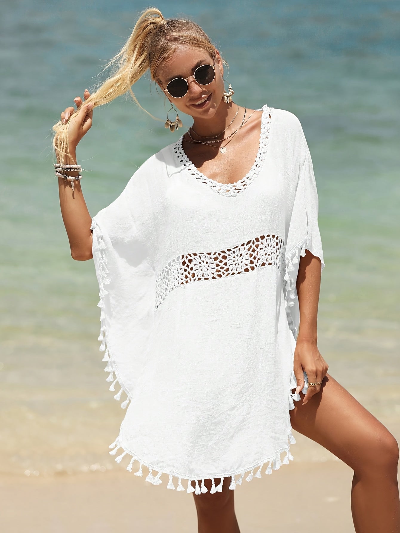 Sukienka plażowa z ażurem i frędzlami tunika letnia oversize | Lauren