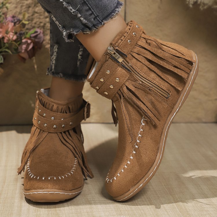 Buty kostki kobiety z płaską podeszwą i zamkiem - wygodne kowbojskie buty na codzienne życie i specjalne okazje