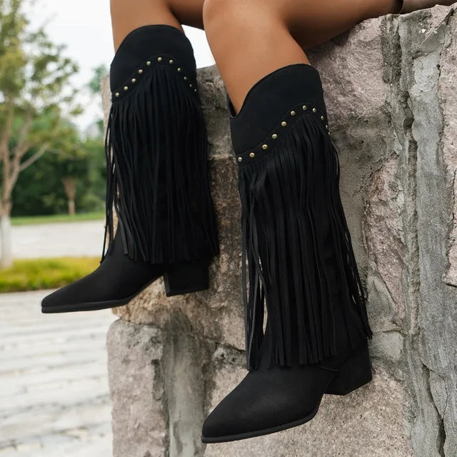 Buty kowbojskie dla kobiet z frędzlami i sprzedażą bloków - Mittelkalb Western Style