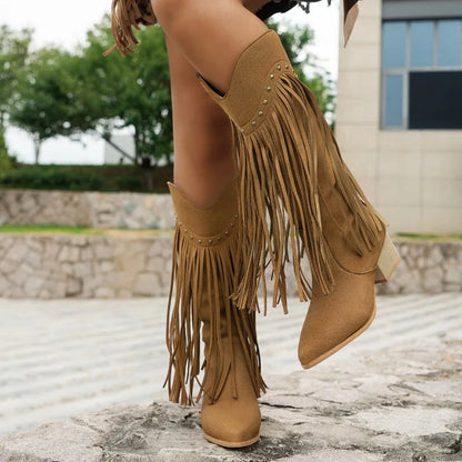 Buty kowbojskie dla kobiet z frędzlami i sprzedażą bloków - Mittelkalb Western Style