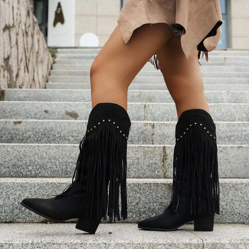Buty kowbojskie dla kobiet z frędzlami i sprzedażą bloków - Mittelkalb Western Style