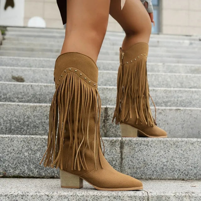 Buty kowbojskie dla kobiet z frędzlami i sprzedażą bloków - Mittelkalb Western Style