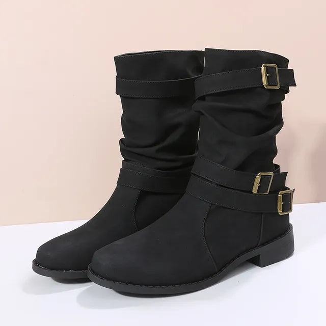 Buty | Damskie zimowe buty do połowy łydki z ozdobnymi klamrami