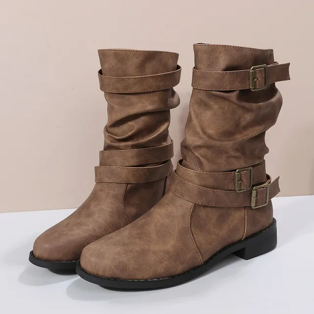 Buty | Damskie zimowe buty do połowy łydki z ozdobnymi klamrami