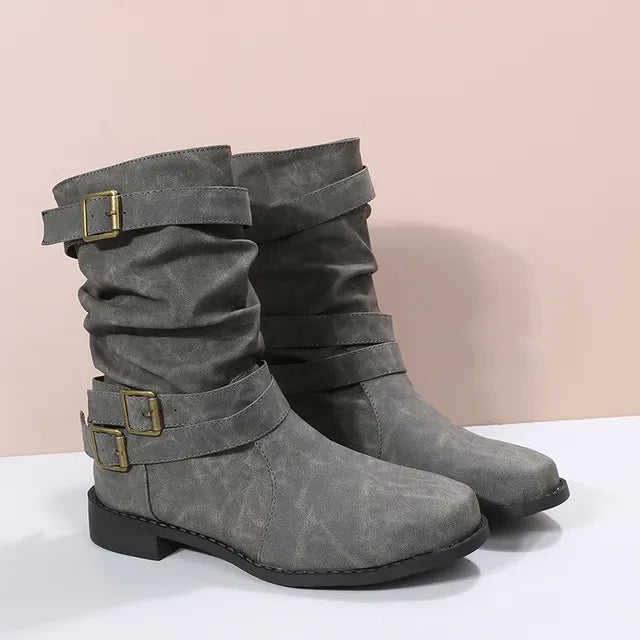 Buty | Damskie zimowe buty do połowy łydki z ozdobnymi klamrami
