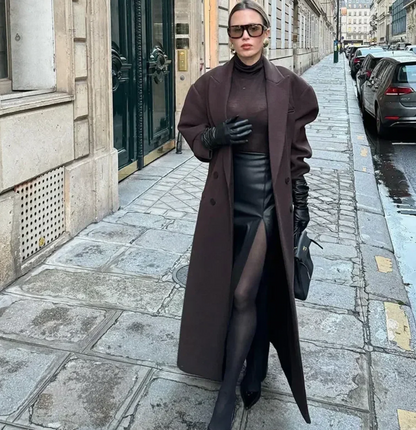 Długi płaszcz damski – krój oversize – mieszanka wełny – dwurzędowy