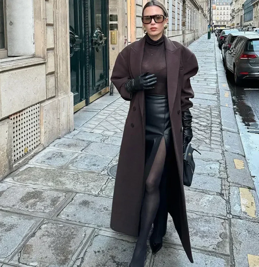 Długi płaszcz damski – krój oversize – mieszanka wełny – dwurzędowy