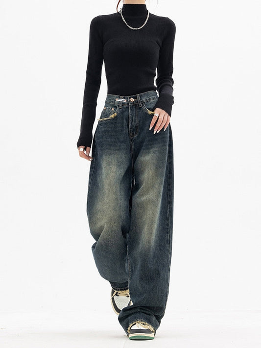 Jeansy damskie vintage baggy z wysokim stanem i szerokimi nogawkami – swobodne i wygodne