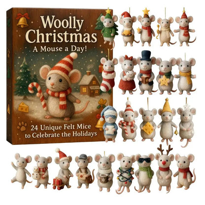 Kalendarz adwentowy z wełnianą myszką – 24 filcowe ozdoby w kształcie myszy, zestaw do zawieszania dekoracji choinkowych