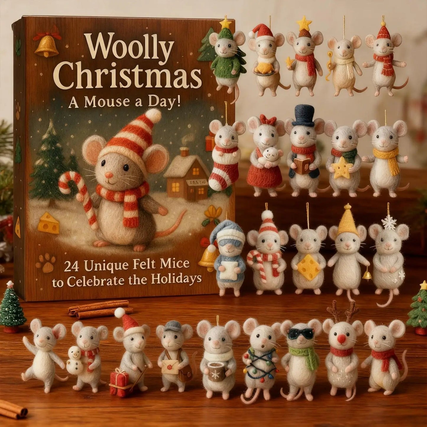 Kalendarz adwentowy z wełnianą myszką – 24 filcowe ozdoby w kształcie myszy, zestaw do zawieszania dekoracji choinkowych
