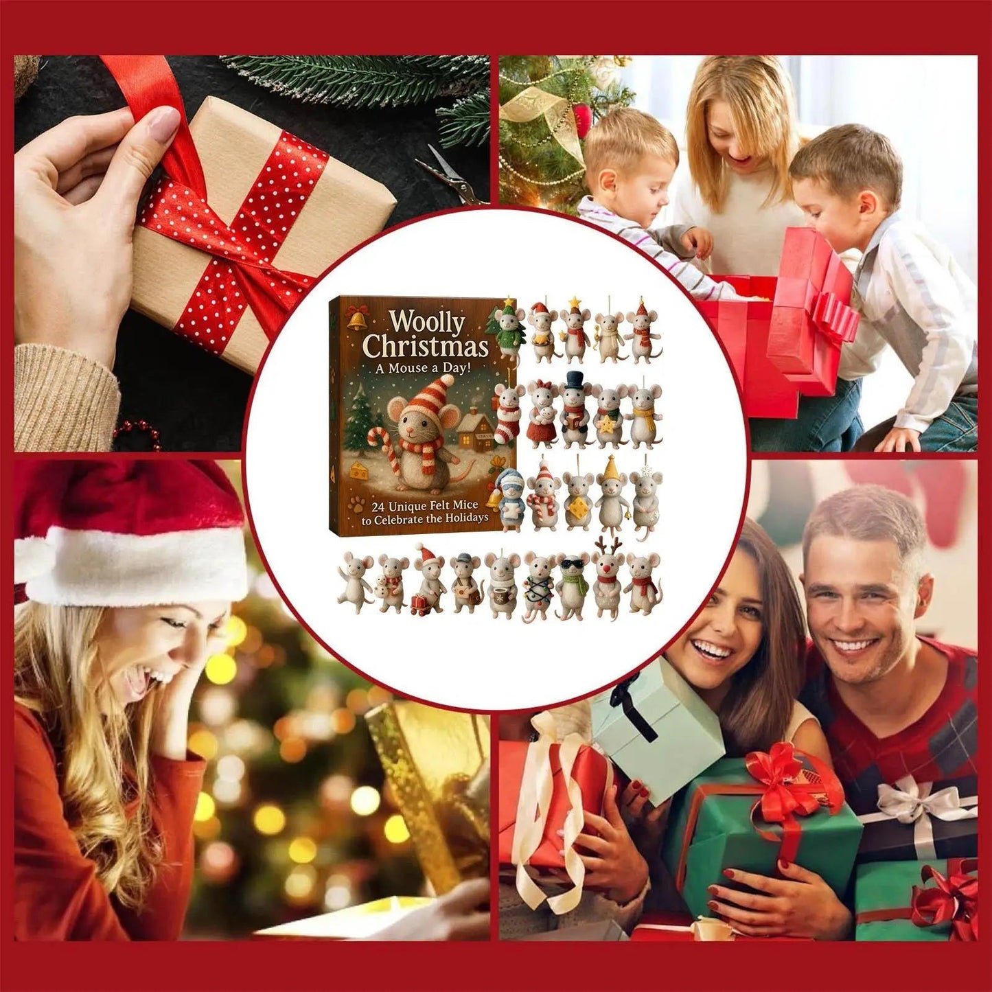 Kalendarz adwentowy z wełnianą myszką – 24 filcowe ozdoby w kształcie myszy, zestaw do zawieszania dekoracji choinkowych