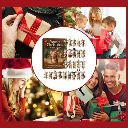 Kalendarz adwentowy z wełnianą myszką – 24 filcowe ozdoby w kształcie myszy, zestaw do zawieszania dekoracji choinkowych