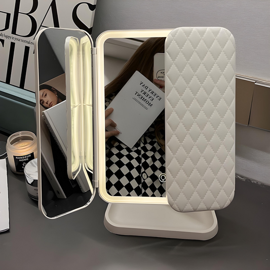 Lustro do makijażu LED z mechanizmem składania na trzy części, sterowaniem dotykowym i podstawą do przechowywania 0