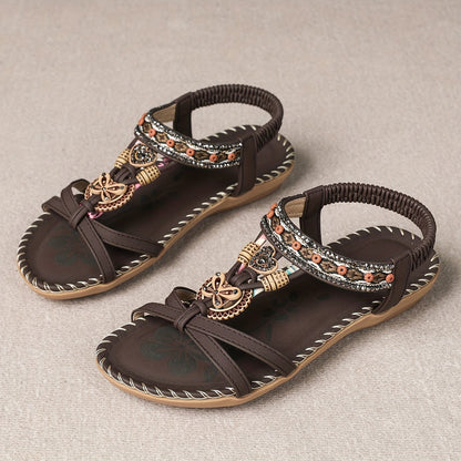 Płaskie sandały z kryształami | Letnie buty dla kobiet w stylu Boho