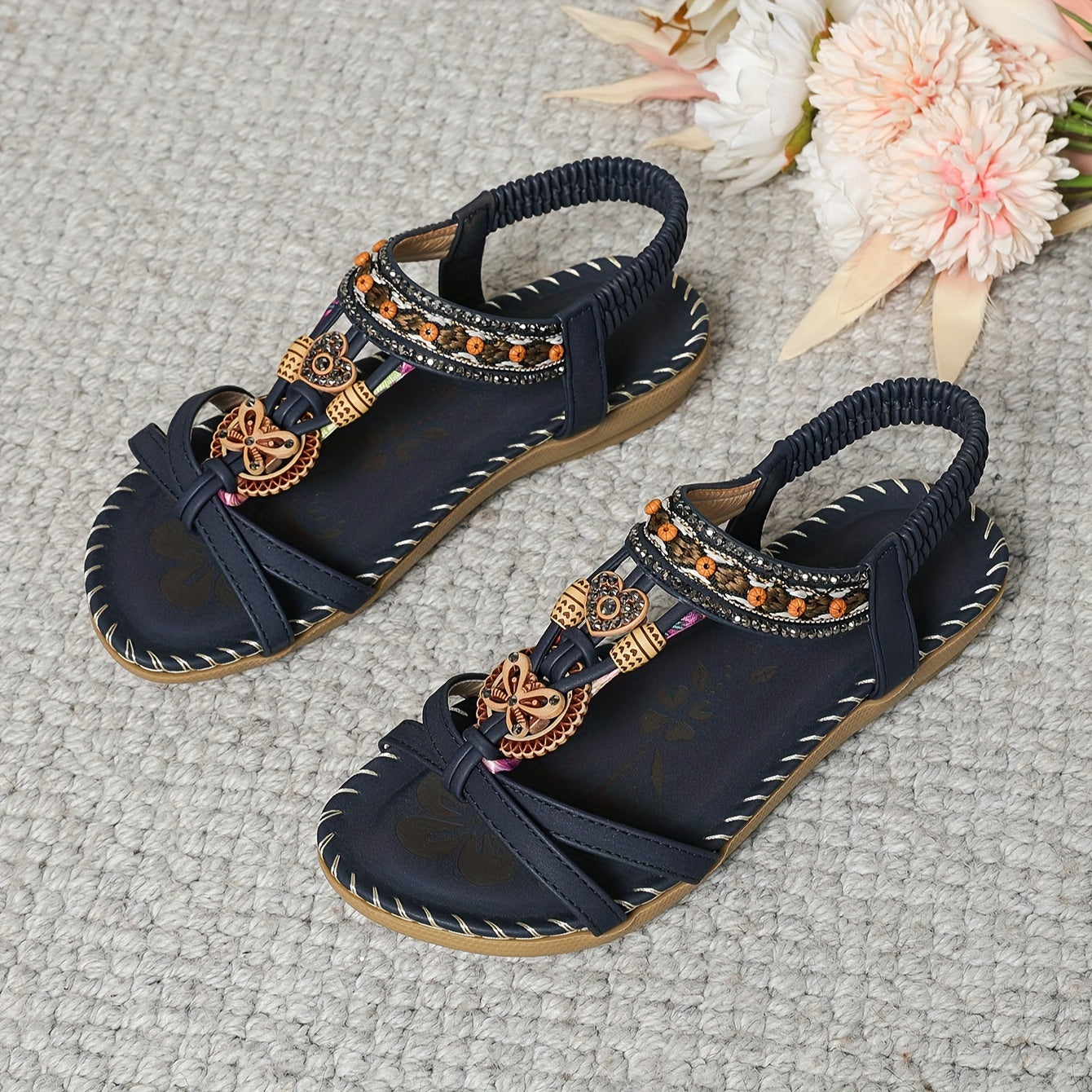 Płaskie sandały z kryształami | Letnie buty dla kobiet w stylu Boho