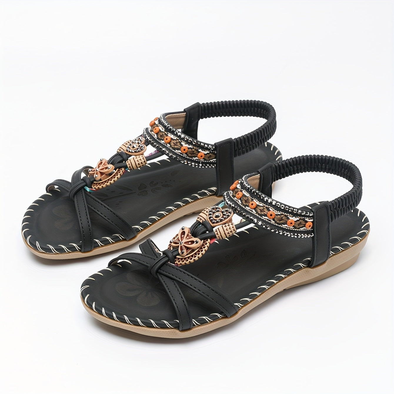 Płaskie sandały z kryształami | Letnie buty dla kobiet w stylu Boho