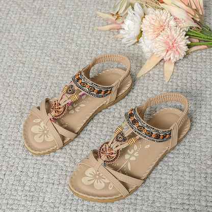 Płaskie sandały z kryształami | Letnie buty dla kobiet w stylu Boho
