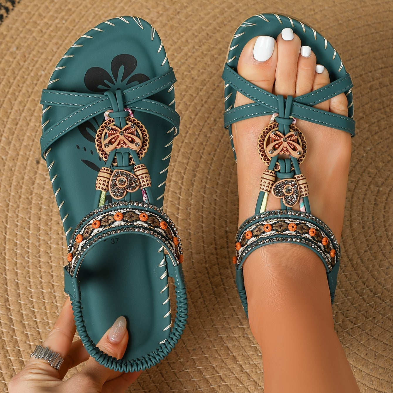 Płaskie sandały z kryształami | Letnie buty dla kobiet w stylu Boho