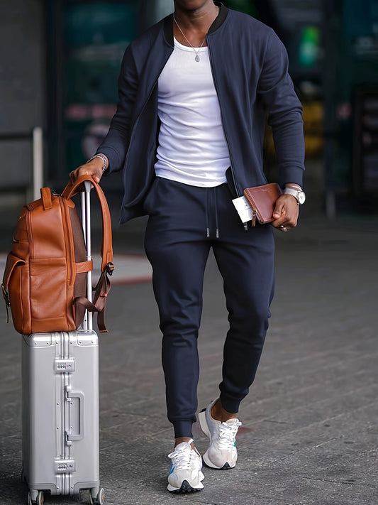 Slim fit treningowy dla mężczyzn z kurtką z zamkiem błyskawicznym i stożkowymi kołyszącymi się spodniami do joggingu - wygodne do sportu i wypoczynku