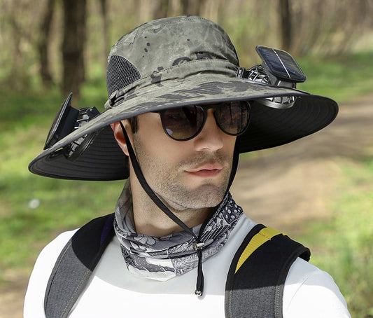Sonnenhut z powietrza dla mężczyzn o wielkości wentylatora, chłodzenie zasilane słonecznym, szerokie brzegi, światło i regulowane