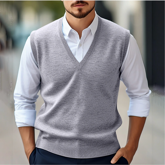 Sweter bez rękawów z dekoltem w serek | Moda męska na wiosnę i jesień