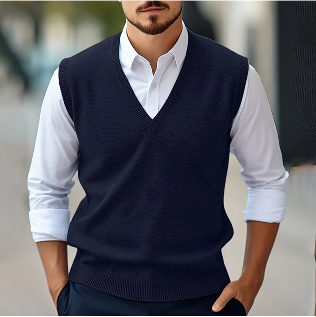 Sweter bez rękawów z dekoltem w serek | Moda męska na wiosnę i jesień