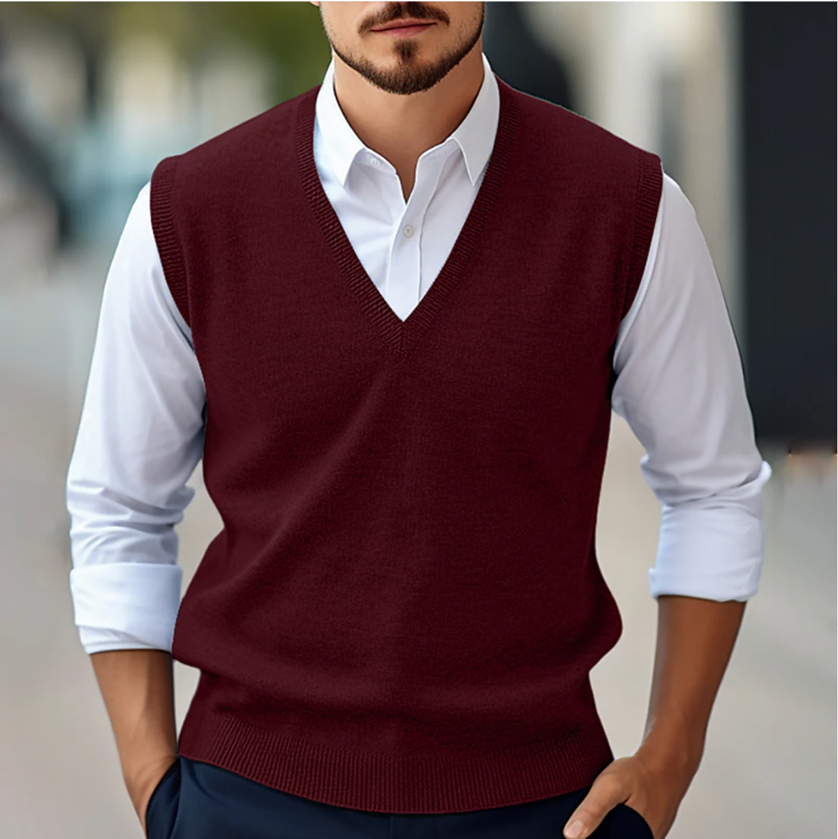 Sweter bez rękawów z dekoltem w serek | Moda męska na wiosnę i jesień