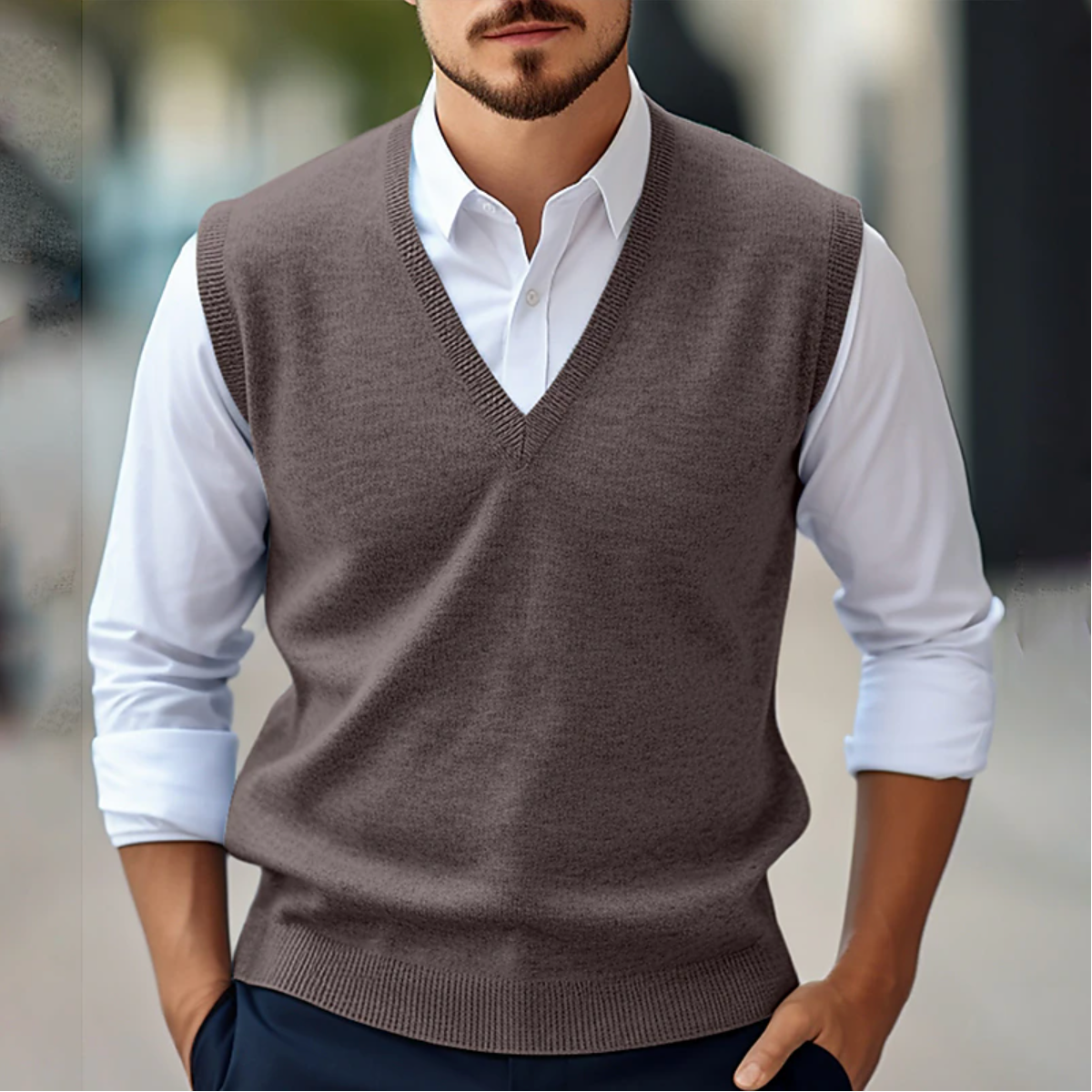 Sweter bez rękawów z dekoltem w serek | Moda męska na wiosnę i jesień