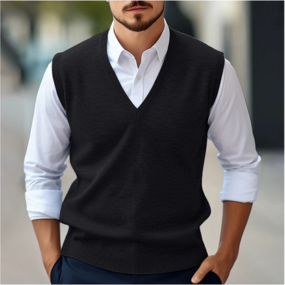 Sweter bez rękawów z dekoltem w serek | Moda męska na wiosnę i jesień