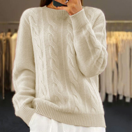 Sweter damski z warkoczowym splotem – wzór warkoczowy – okrągły dekolt – miękki materiał
