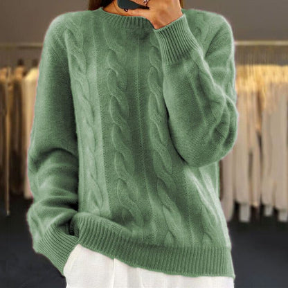 Sweter damski z warkoczowym splotem – wzór warkoczowy – okrągły dekolt – miękki materiał
