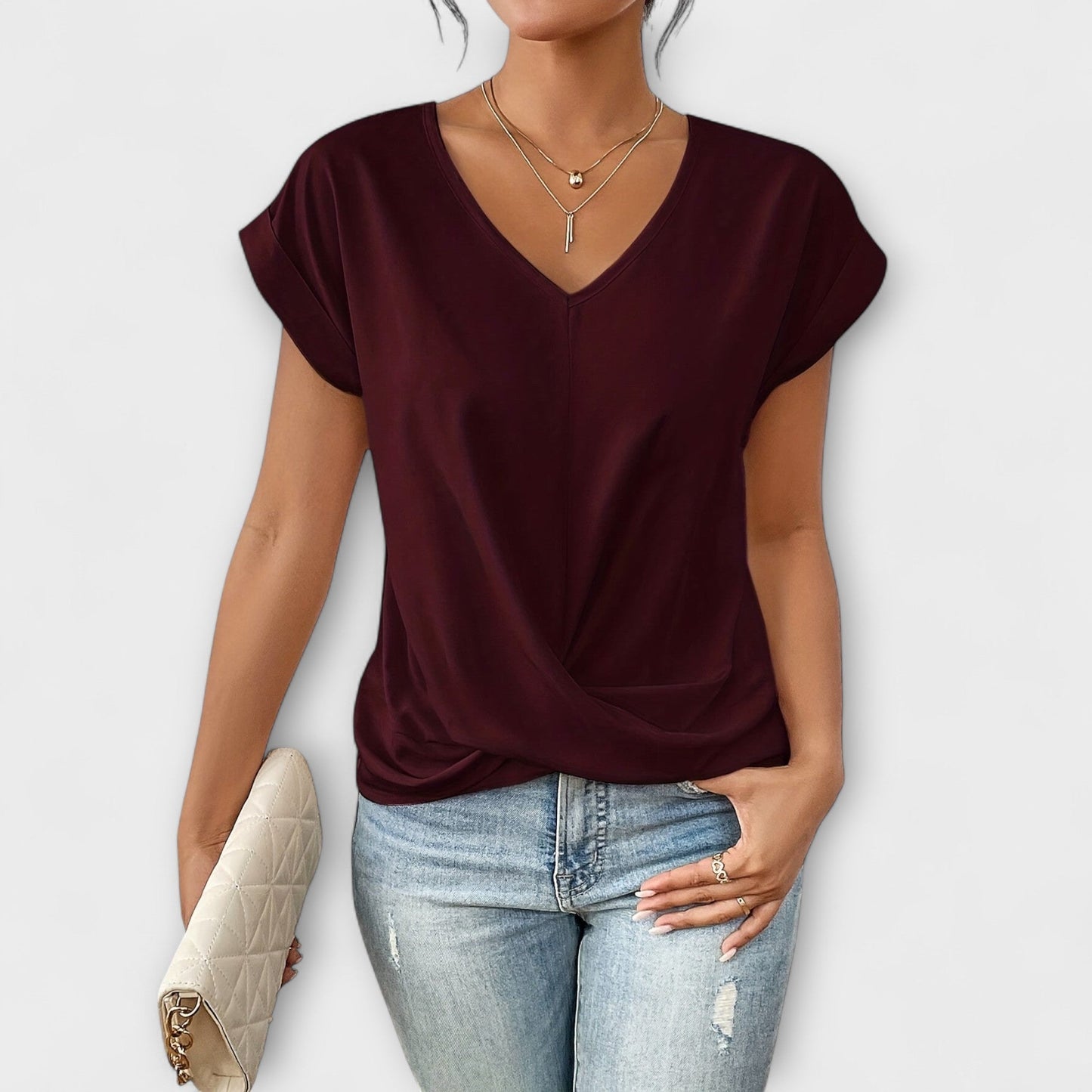 Bluse Damen | Shirt Sommer V-Ausschnitt Kurzarm Wickeloptik | Mia